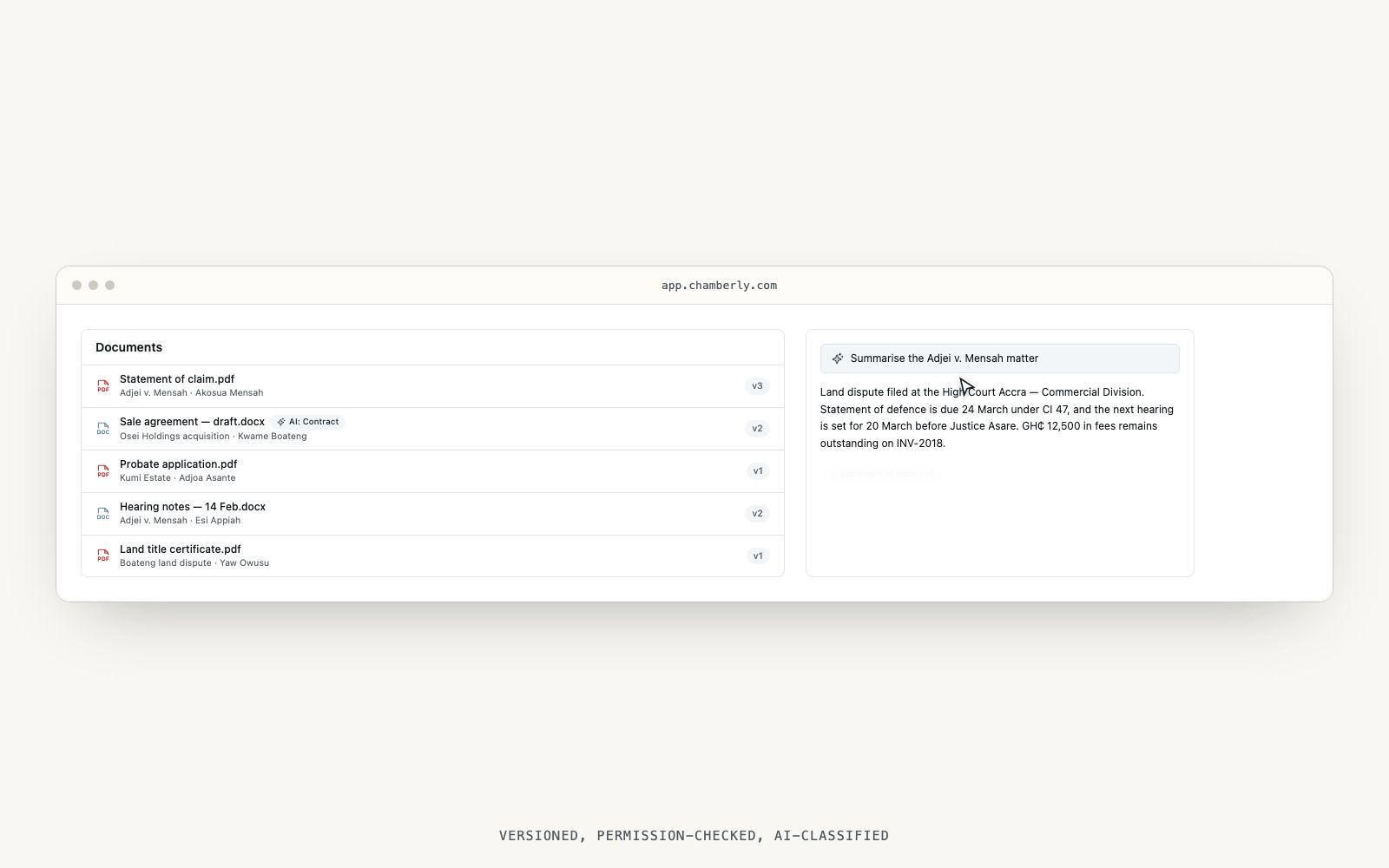 Walkthrough: uploading a document, AI classification, version history, and signed-link generation